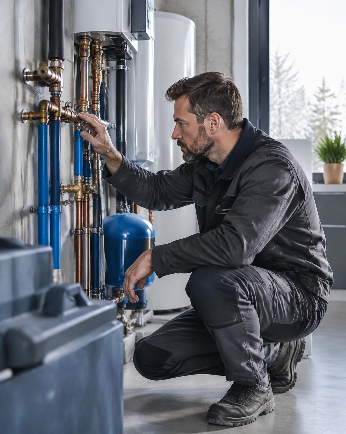 Experienced plumber inspecting a residential water system