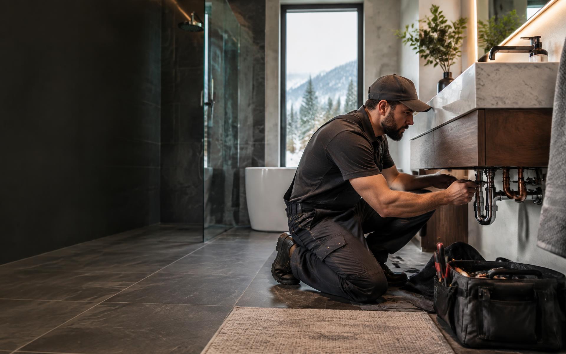 Professional plumber installing residential bathroom plumbing